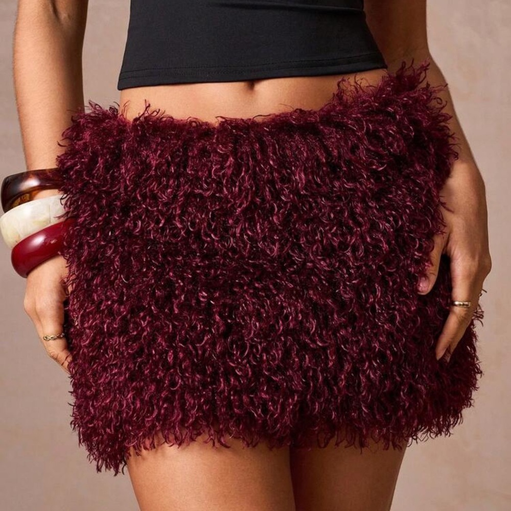 Lumalex Fall Winter Faux Fur Curly Pelt Mini Skirt, Tight Fitting, High Waisted,